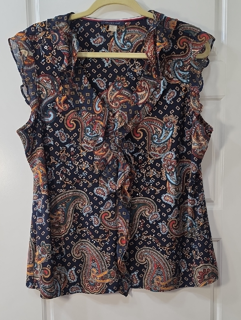 Tommy Hilfiger Navy Paisley Ruffle Sleeveless Top - XL